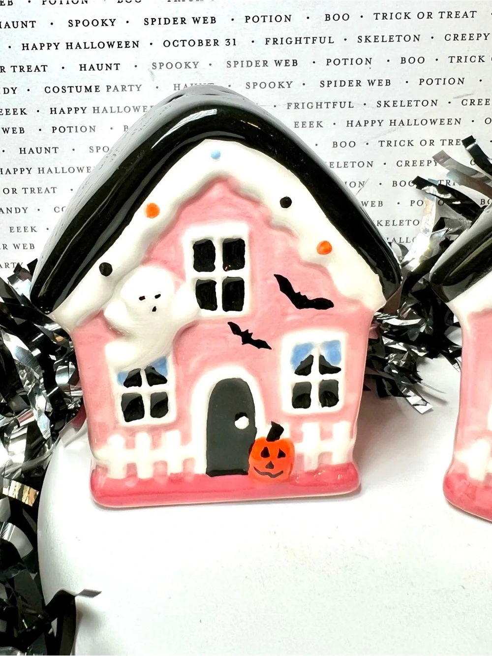 Halloween Pink Gingerbread Haunted House Ceramic Salt & Pepper Shakers Ghost Bat